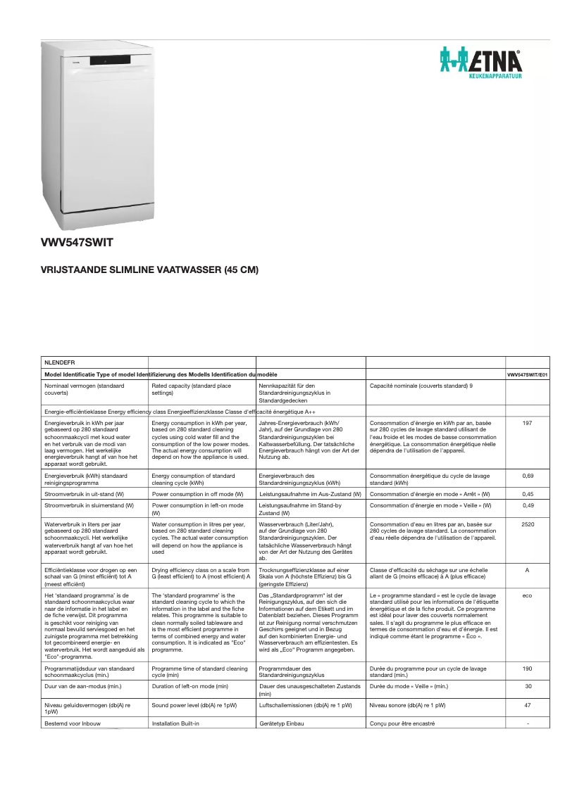 Page n°1 - Fiche technique Etna VWV547SWIT