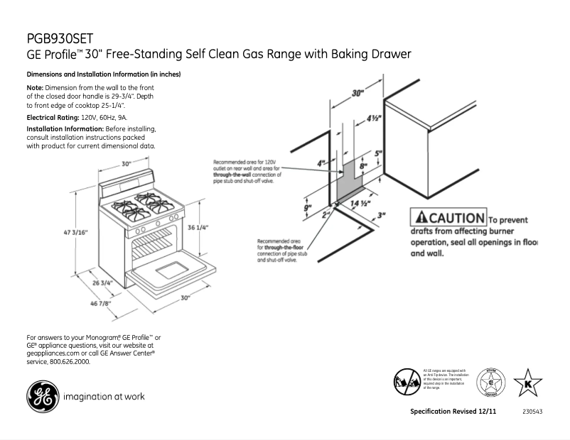 Page n°1 - Fiche technique GE Profile PGB930SETSS