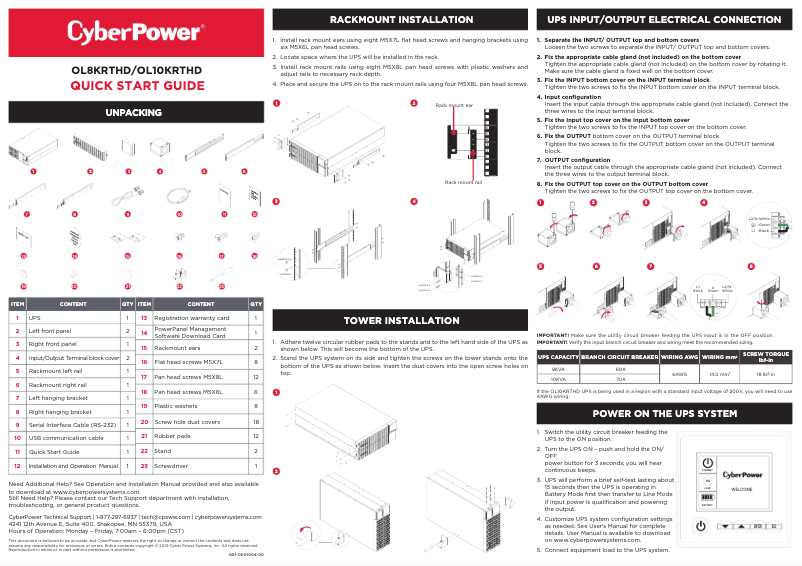 Page 1 de la notice Guide de démarrage rapide CyberPower OL10KRTHD