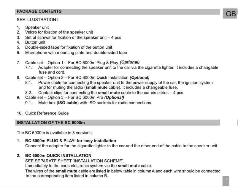 Page 1 de la notice Manuel utilisateur Mr. Handsfree CEL.MRH-BC6000