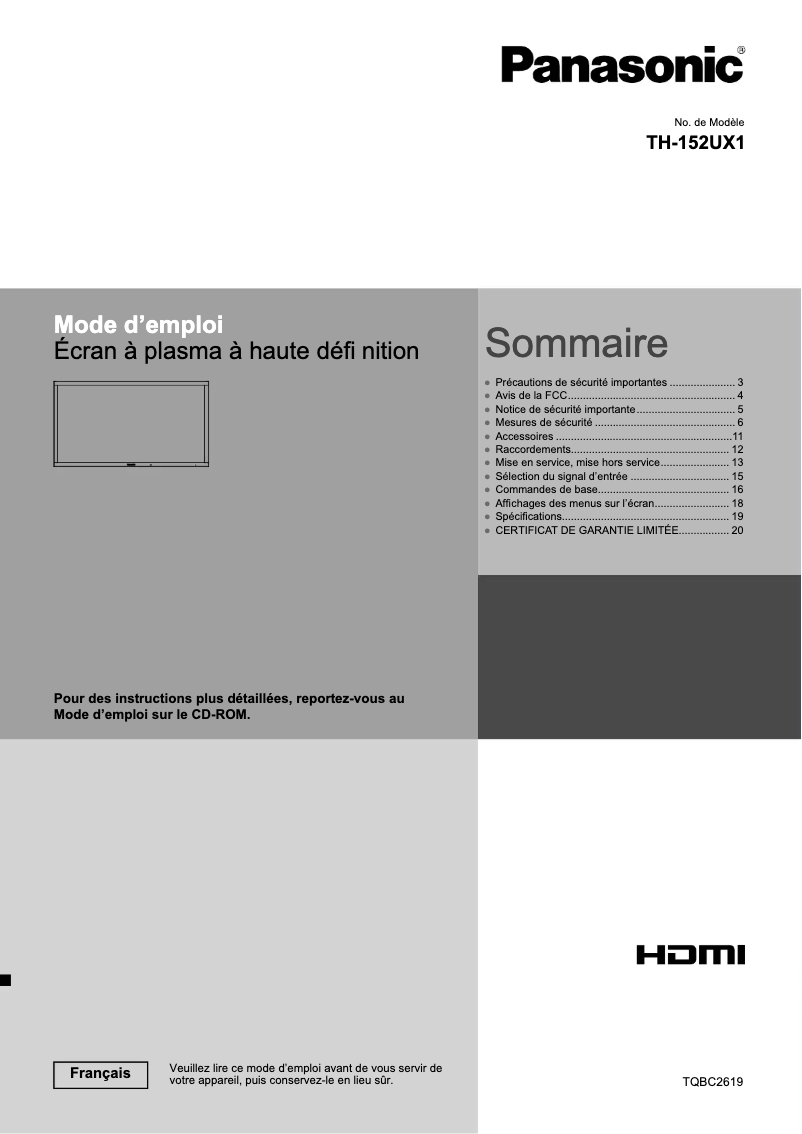 Image de la première page du manuel de l'appareil TH-152UX1