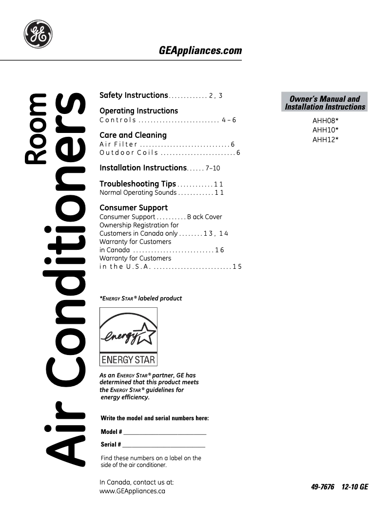 Page n°1 - Guide d'installation GE AHH10AQ