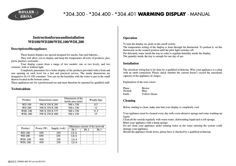 Page 1 de la notice Manuel utilisateur Roller Grill 304300