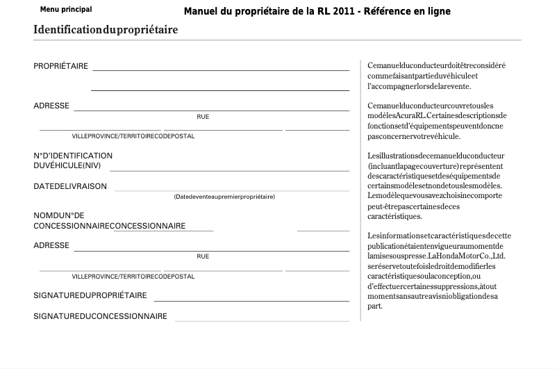 Page 1 de la notice Manuel utilisateur Acura RL (2011)