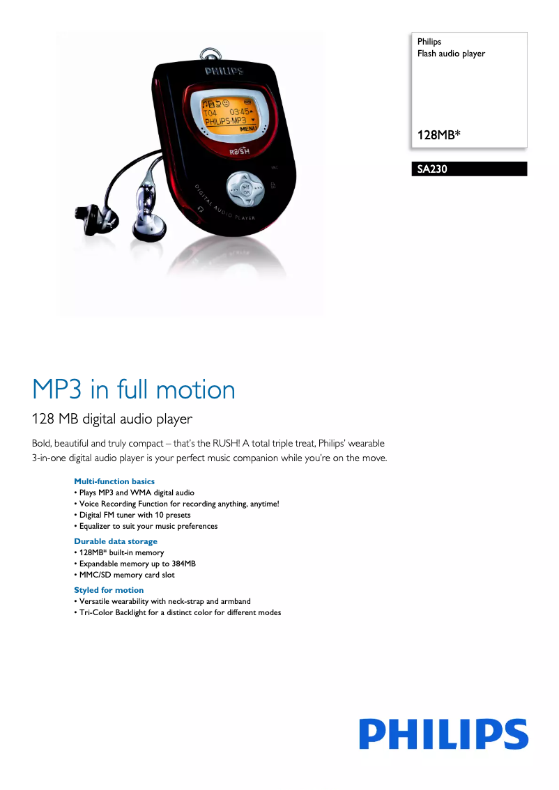 Page 1 de la notice Fiche technique Philips SA230