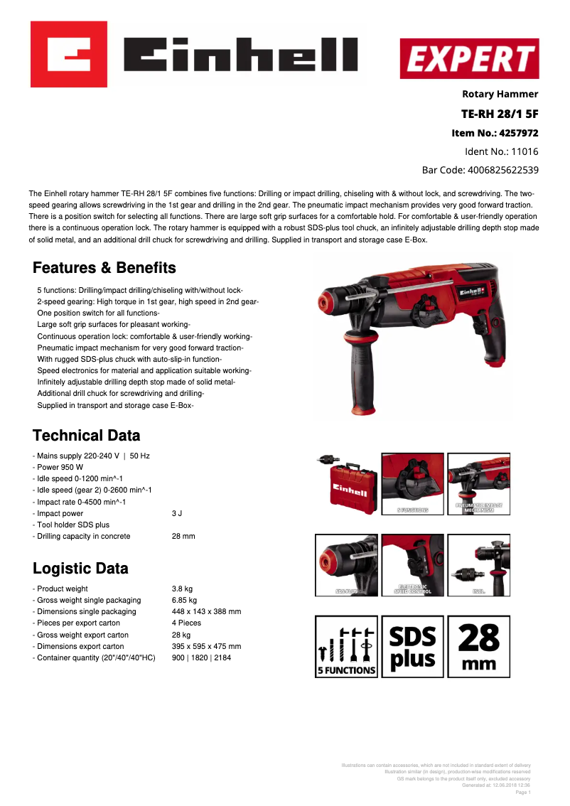 Page n°1 - Fiche technique Einhell TE-RH 28/1 5F