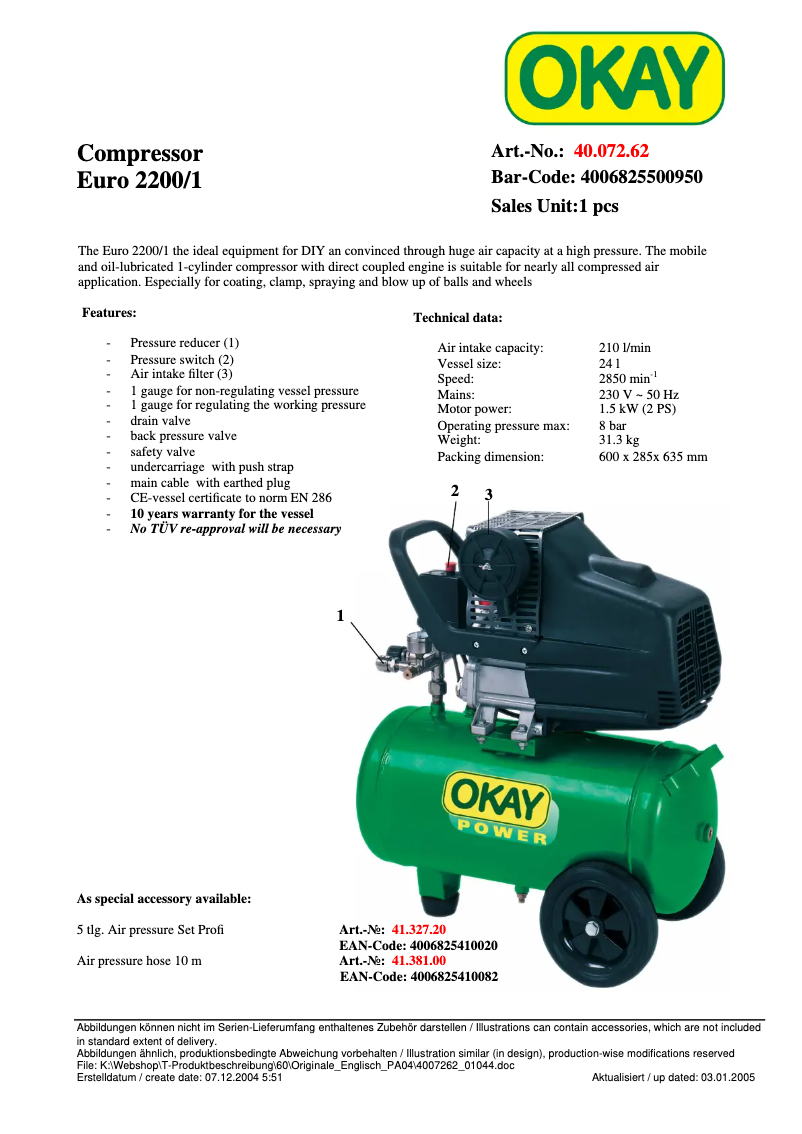 Page 1 de la notice Fiche technique OKAY EURO 2200/1