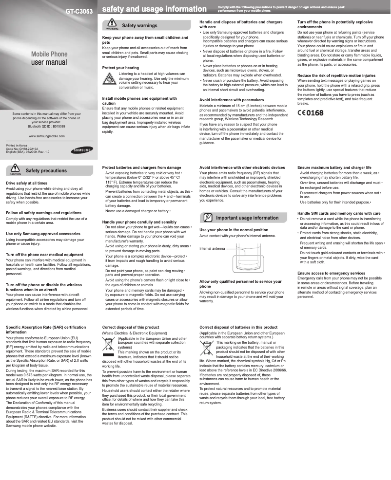 Page 1 de la notice Manuel utilisateur Samsung Stratus C3053