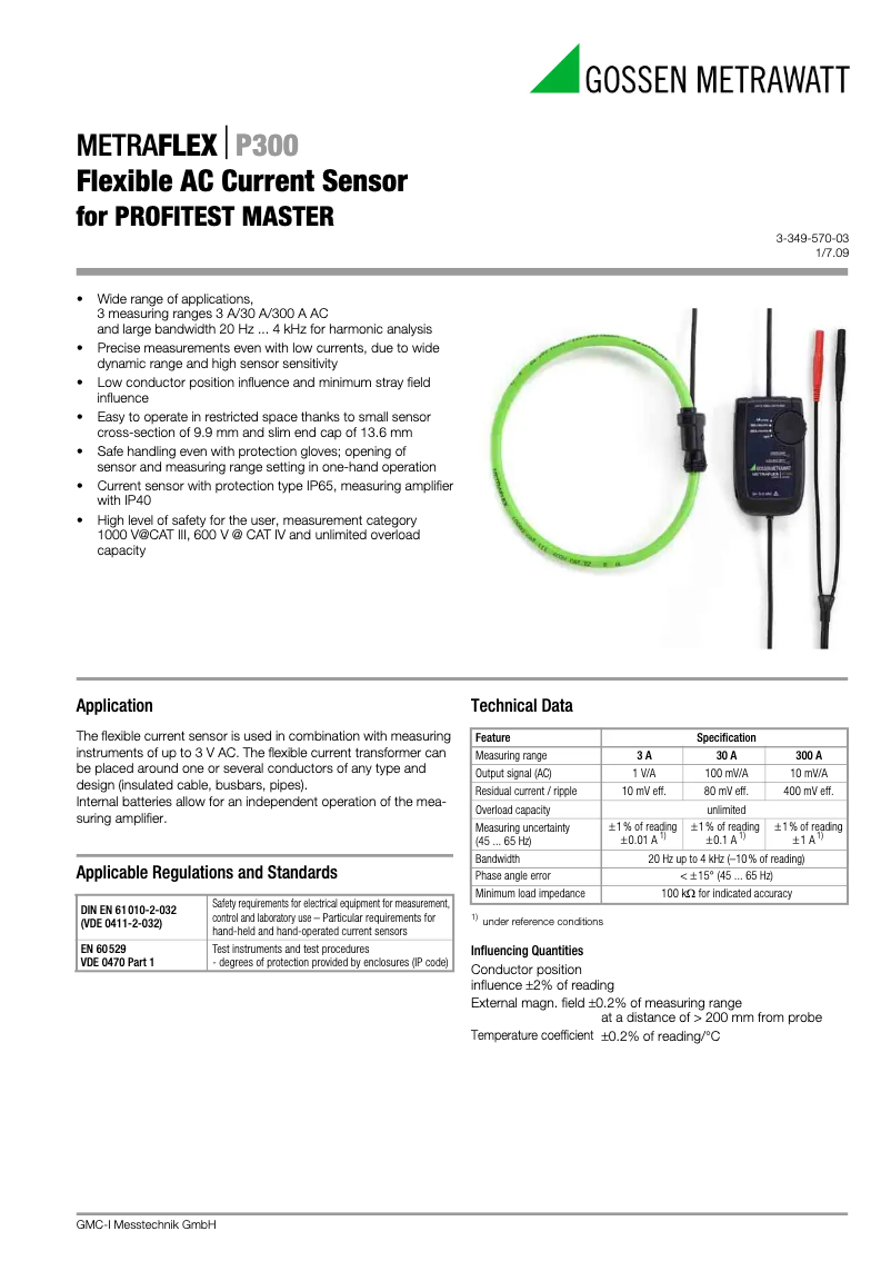 Page 1 de la notice Fiche technique Gossen Metrawatt METRAFLEX P300