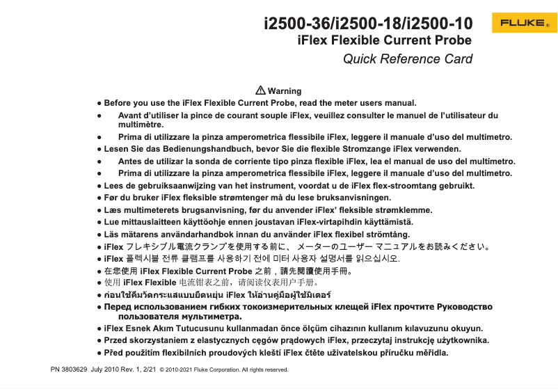 Page 1 de la notice Manuel utilisateur Fluke iFlex i2500-10