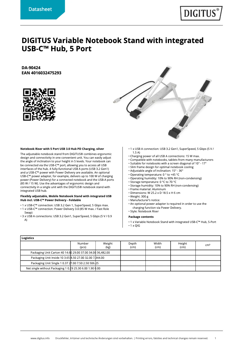 Page 1 de la notice Fiche technique Digitus DA-90424