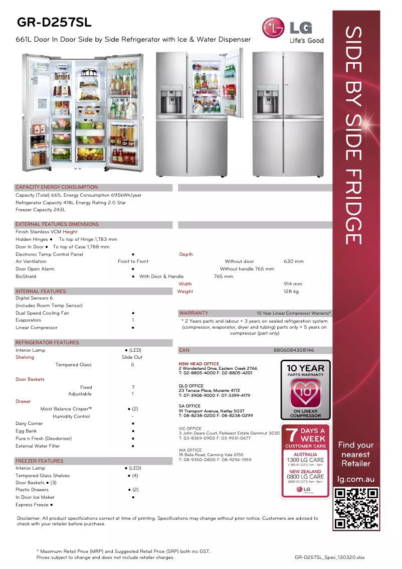 Page 1 de la notice Manuel utilisateur LG GR-D257SL