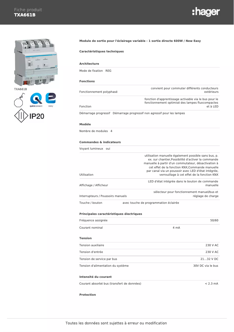 Page 1 de la notice Fiche technique Hager TXA661B