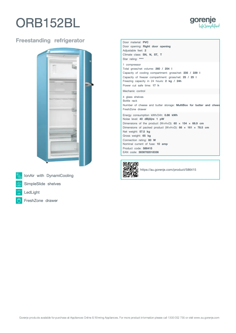 Page 1 de la notice Fiche technique Gorenje ORB152BL