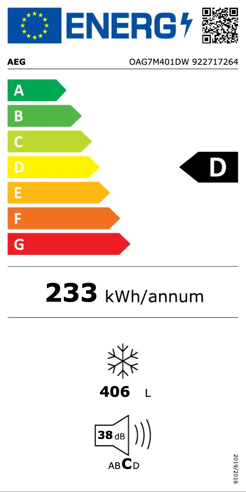 Page 1 de la notice Label énergétique AEG OAG7M401DW