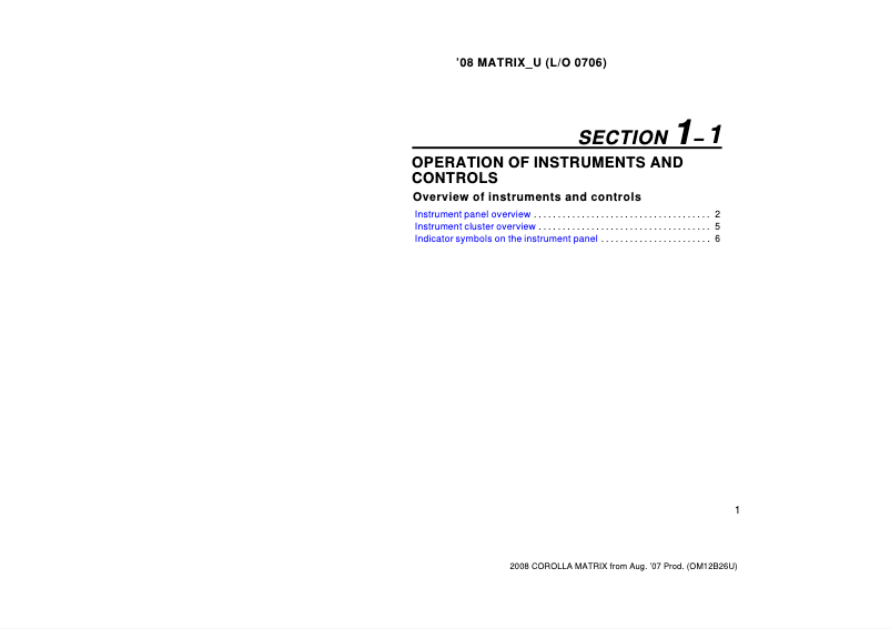 Page 1 de la notice Manuel utilisateur Toyota Matrix (2008)