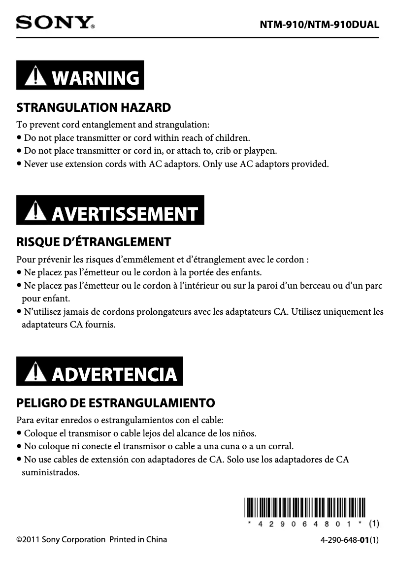 Page 1 de la notice Instructions de sécurité Sony NTM-910