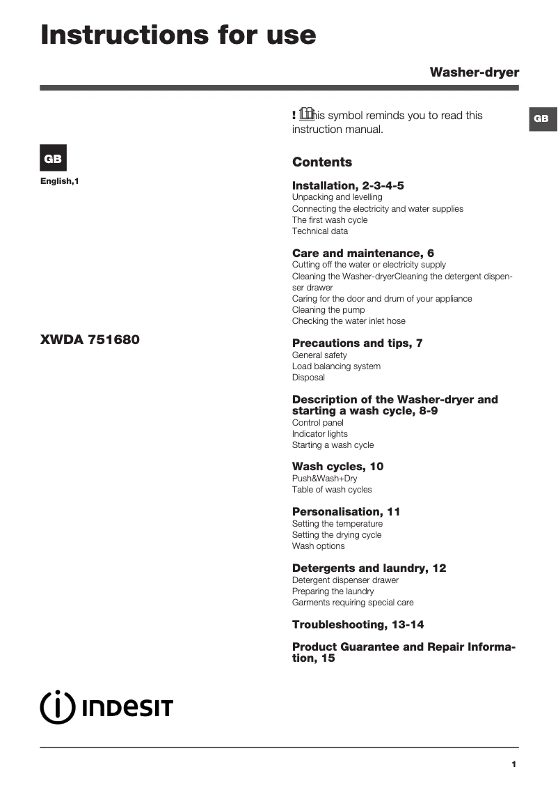 Page 1 de la notice Instructions / montage Indesit XWDA 751680X W UK