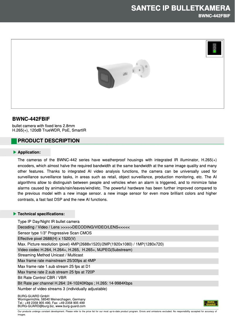 Page 1 de la notice Fiche technique Burg Wächter BWNC-442FBIF