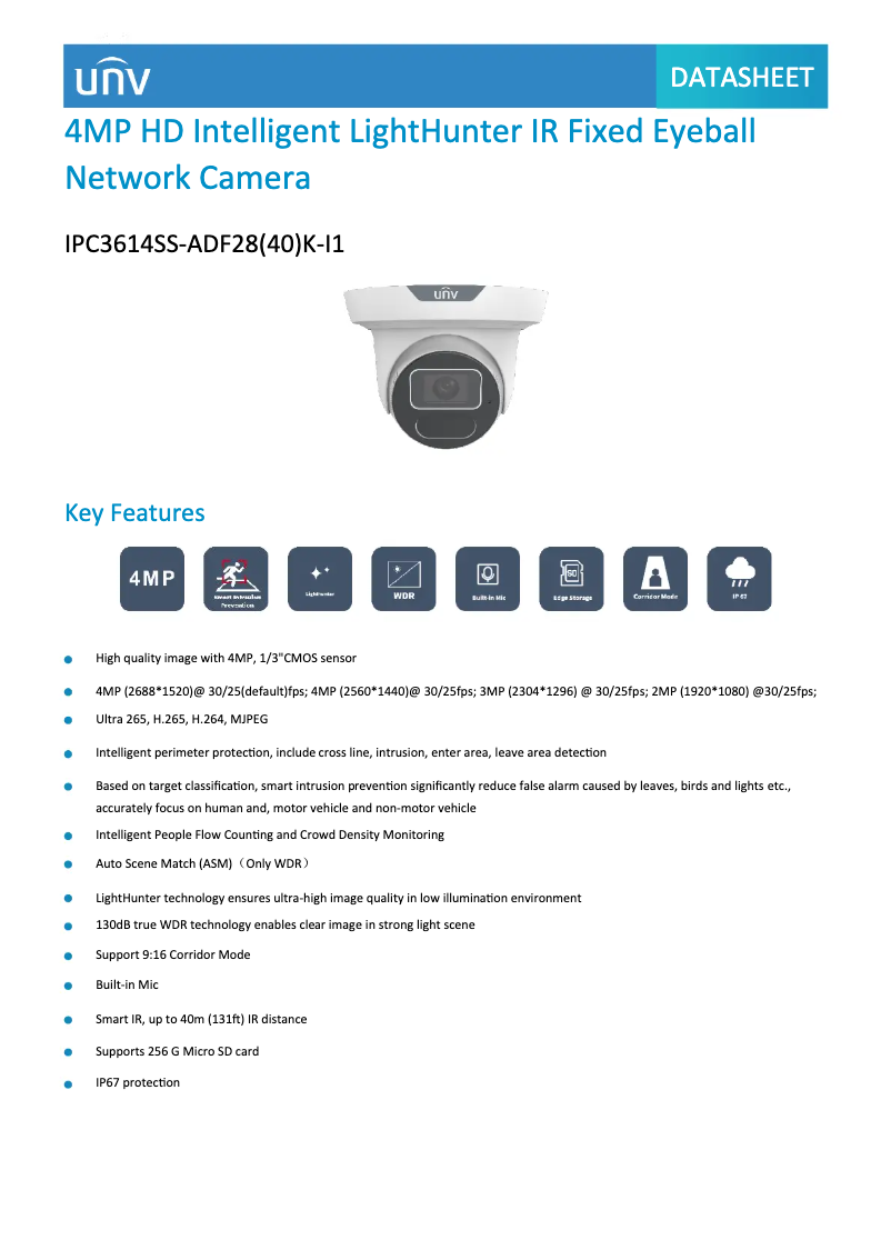 Page 1 de la notice Fiche technique UniView IPC3614SS-ADF28(40)K-I1