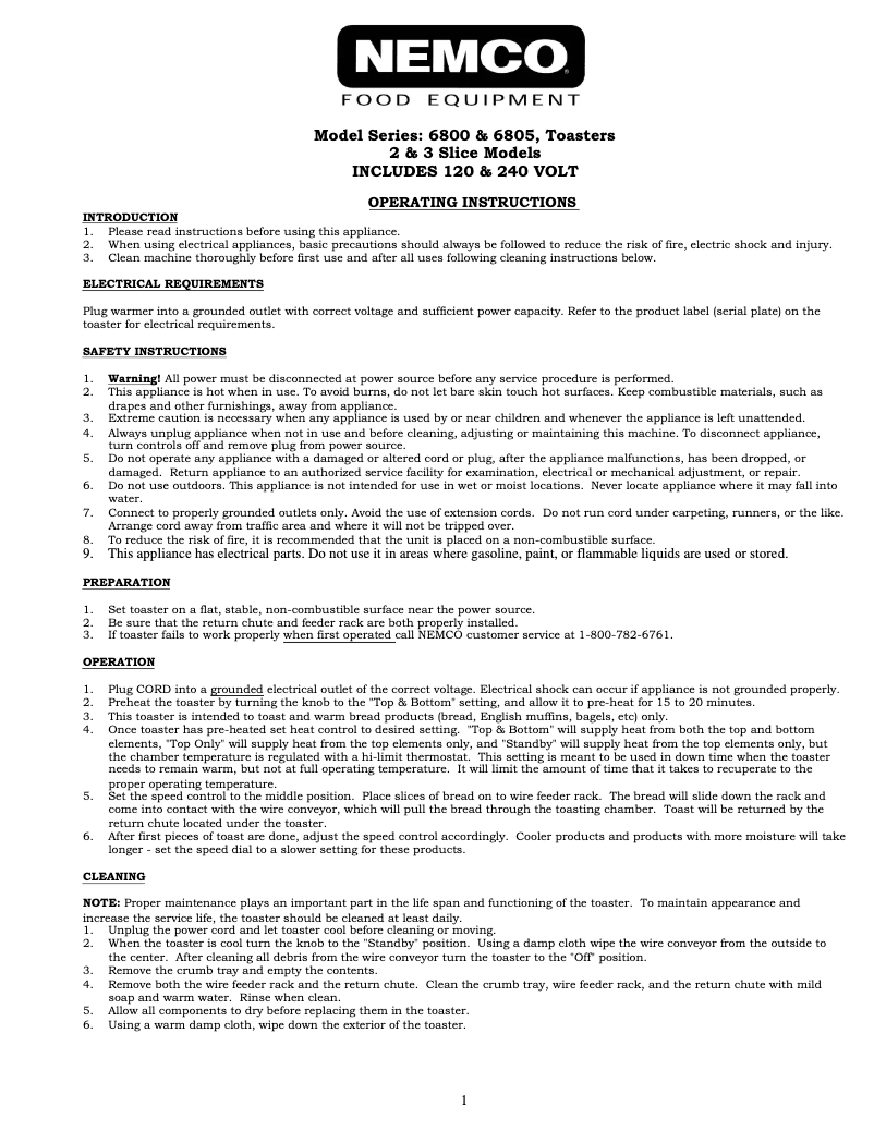 Page n°1 - Manuel utilisateur Nemco 6805