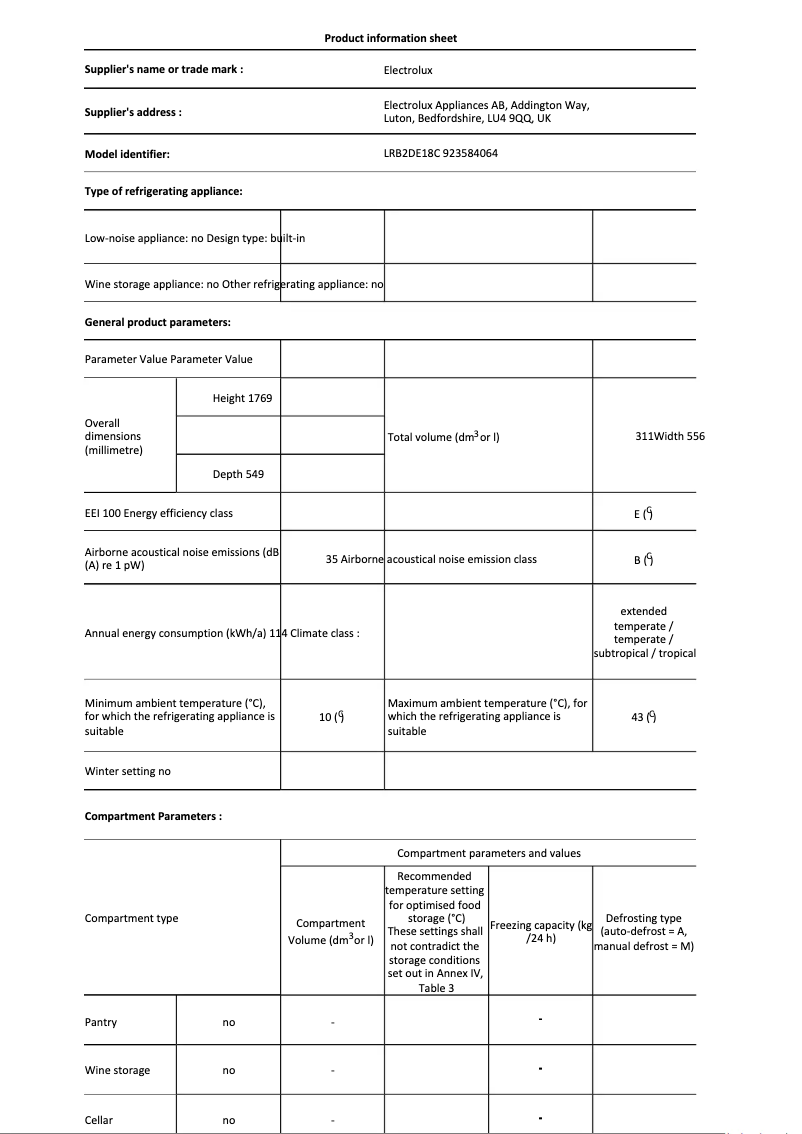 Page 1 de la notice Fiche technique Electrolux LRB2DE18C
