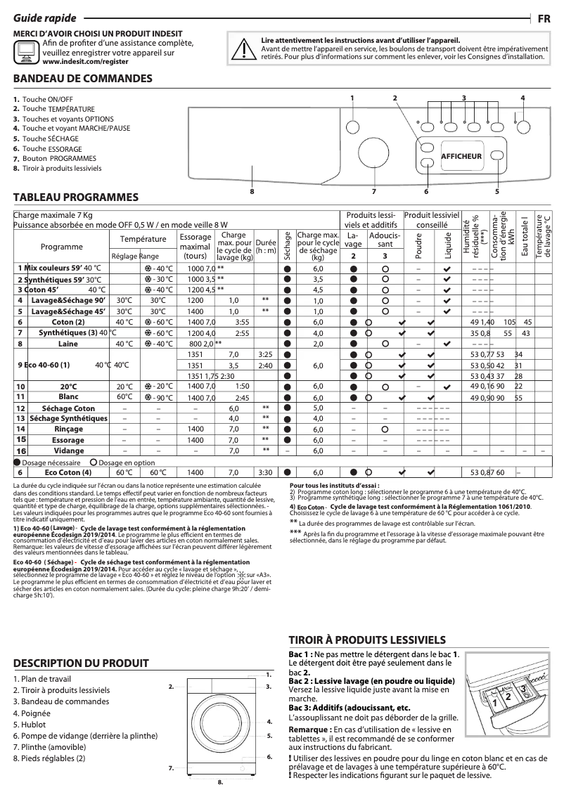 Page 1 de la notice Manuel utilisateur Indesit EWDE761483WFR N