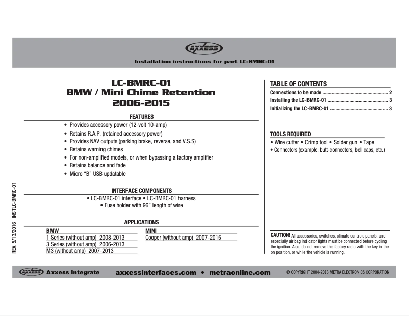 Page n°1 - Manuel utilisateur Metra LC-BMRC-01