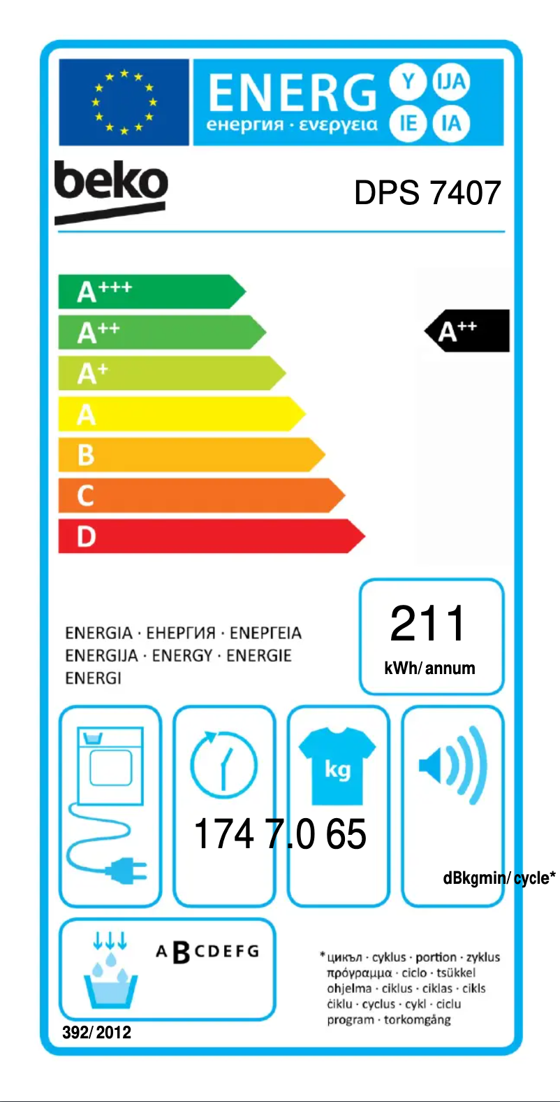 Page n°1 - Label énergétique Beko DPS 7407