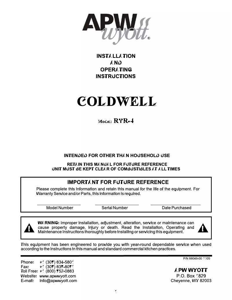 Page 1 de la notice Manuel utilisateur APW Wyott RTR-4
