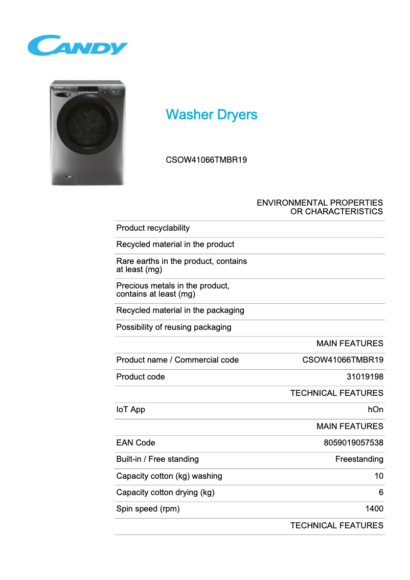 Page 1 de la notice Fiche technique Candy CSOW41066TMBR19