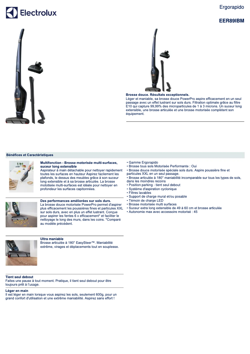 Page 1 de la notice Fiche technique Electrolux Ergorapido EER89IBM