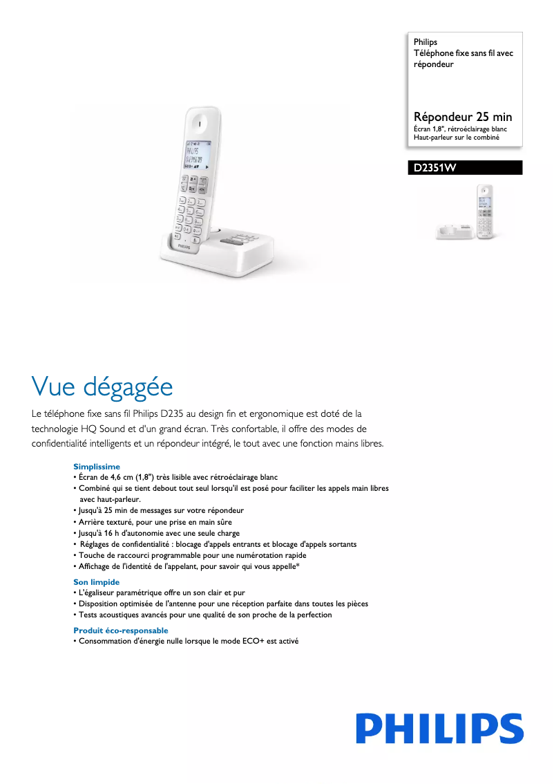 Page 1 de la notice Fiche technique Philips D2351W