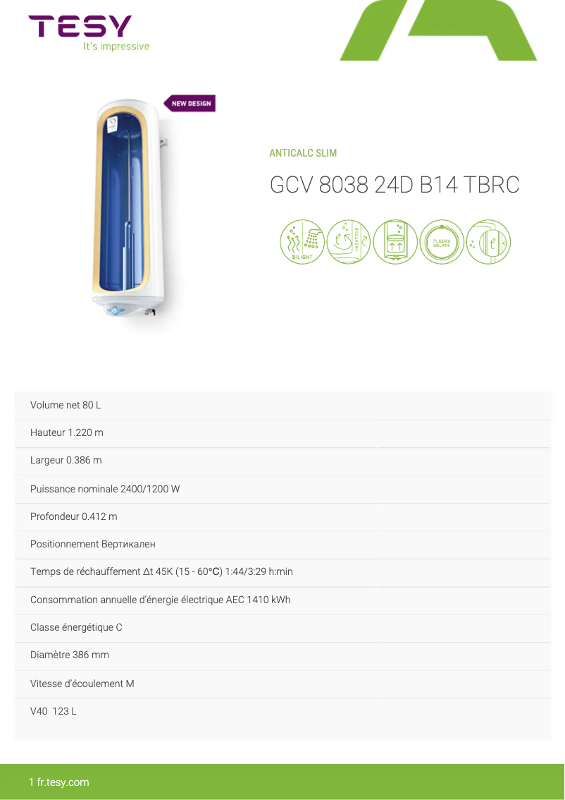 Page 1 of the manual Technical Sheet Tesy Anticalc Slim 80
