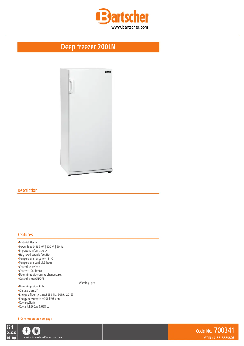 Page 1 de la notice Fiche technique Bartscher 200LN