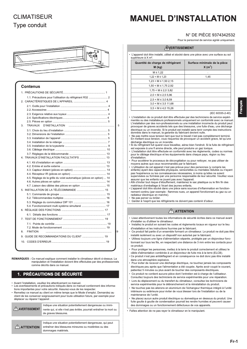 Page 1 de la notice Manuel utilisateur Fujitsu ARXG18KLLAP
