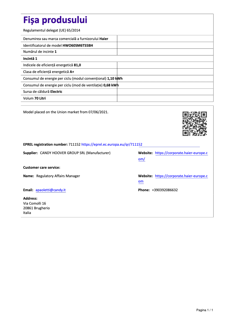 Page 1 de la notice Fiche technique Haier HWO60SM6TS5BH