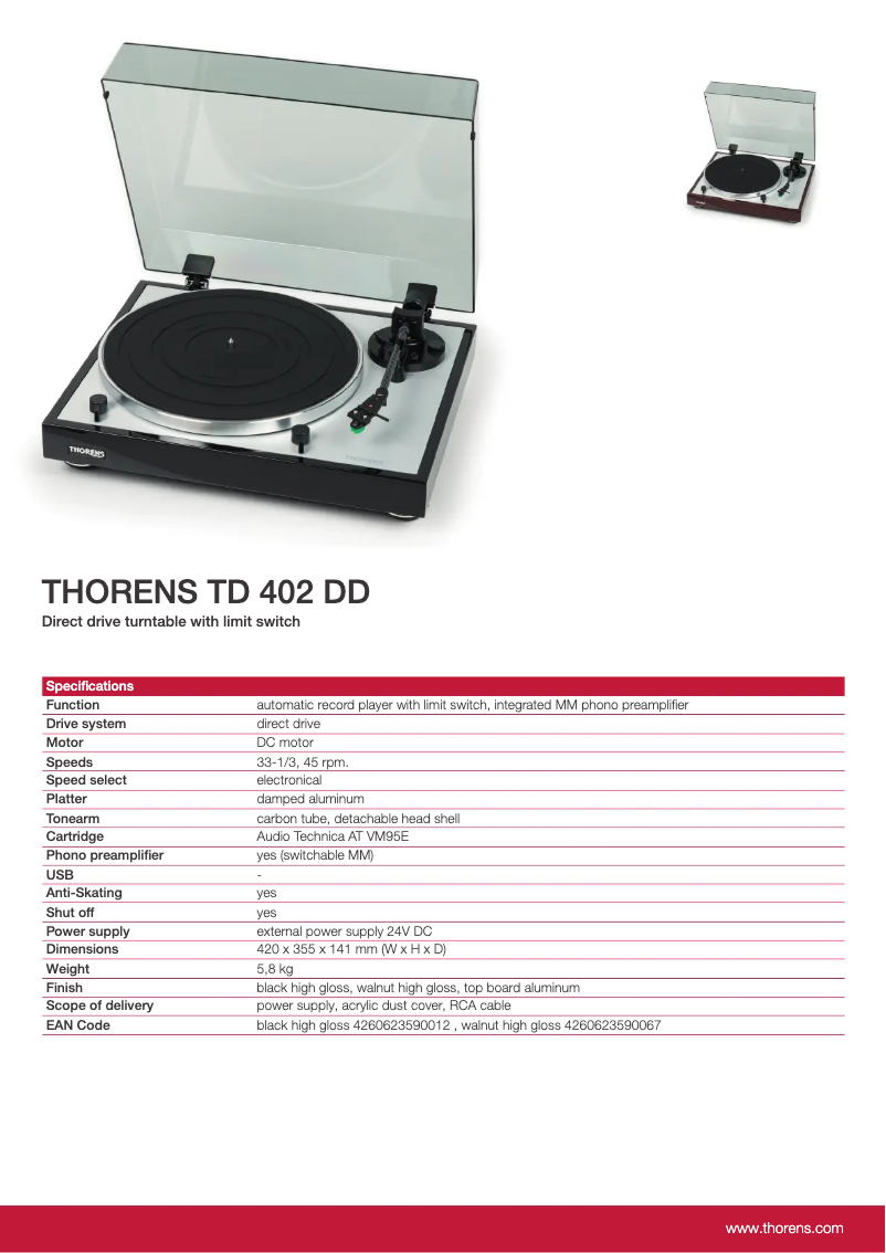 Page 1 de la notice Fiche technique Thorens TD 402 DD