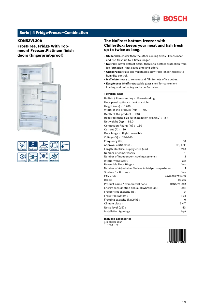Page n°1 - Fiche technique Bosch KDN53VL30A