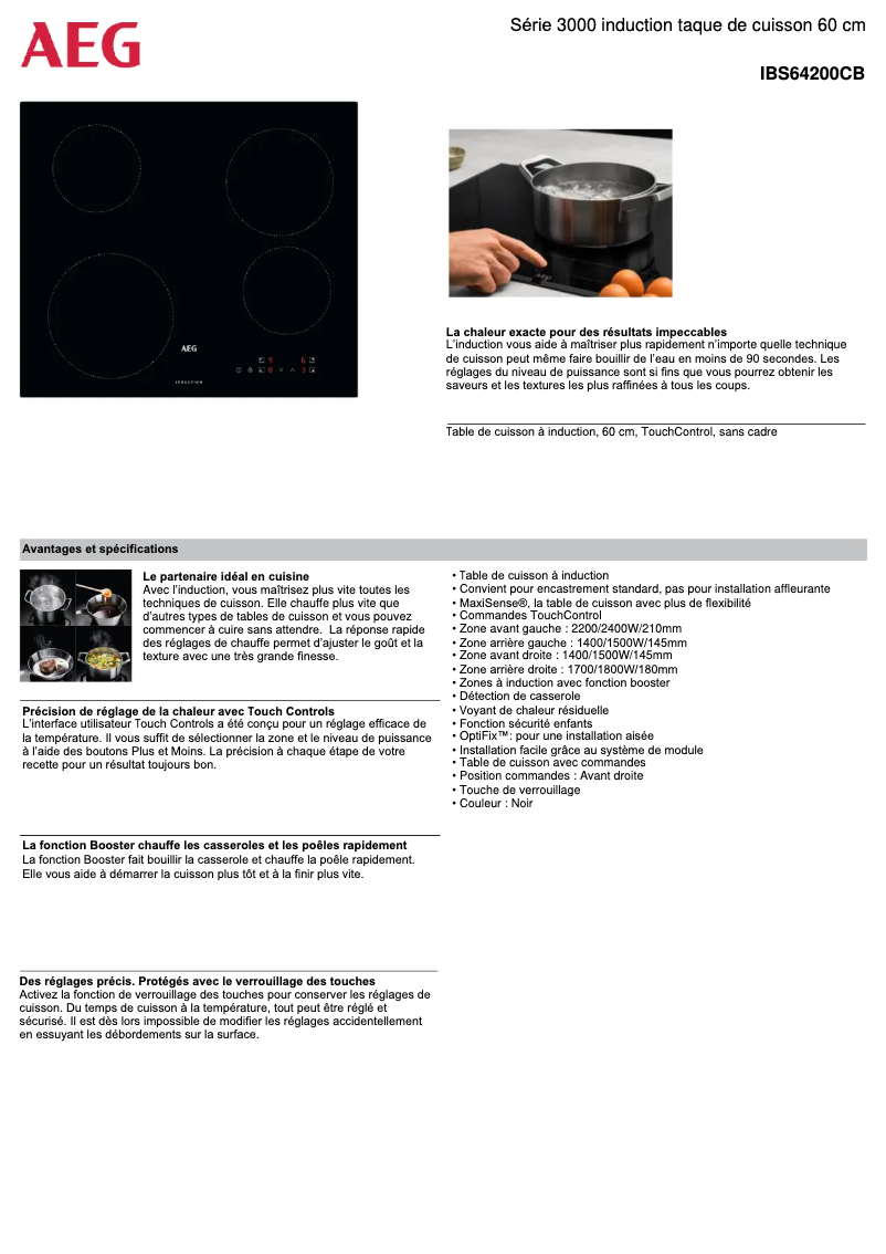 Page 1 de la notice Fiche technique AEG IBS64200CB