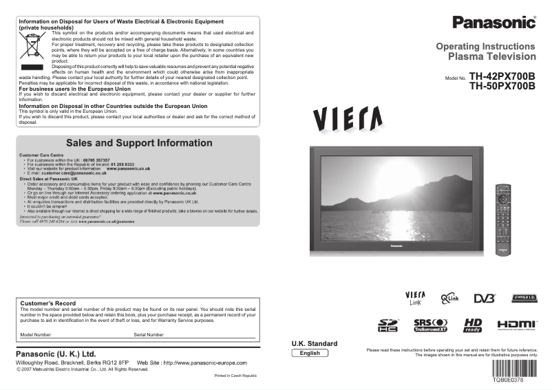 Page 1 de la notice Manuel utilisateur Panasonic Viera TH-50PX700B