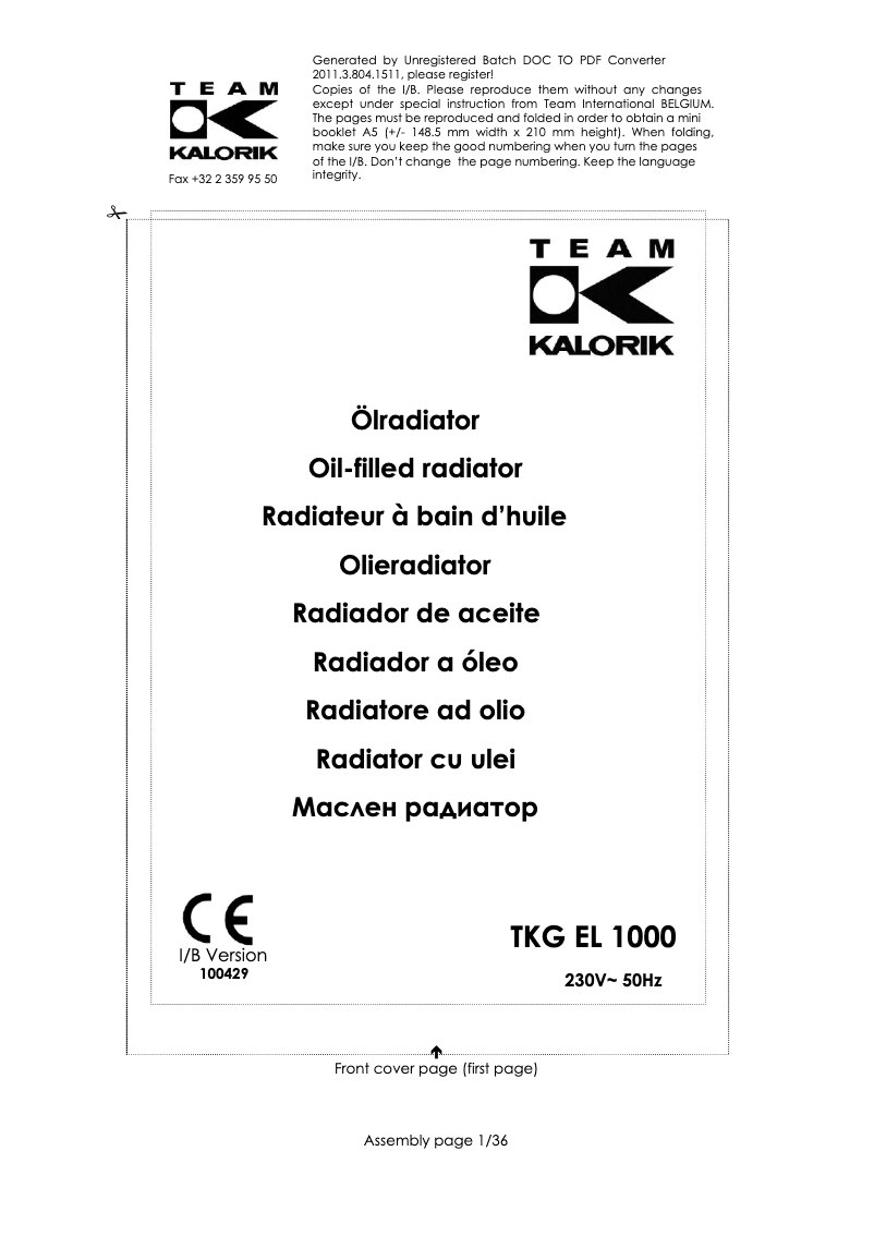 Image de la première page du manuel de l'appareil TKG EL 1000