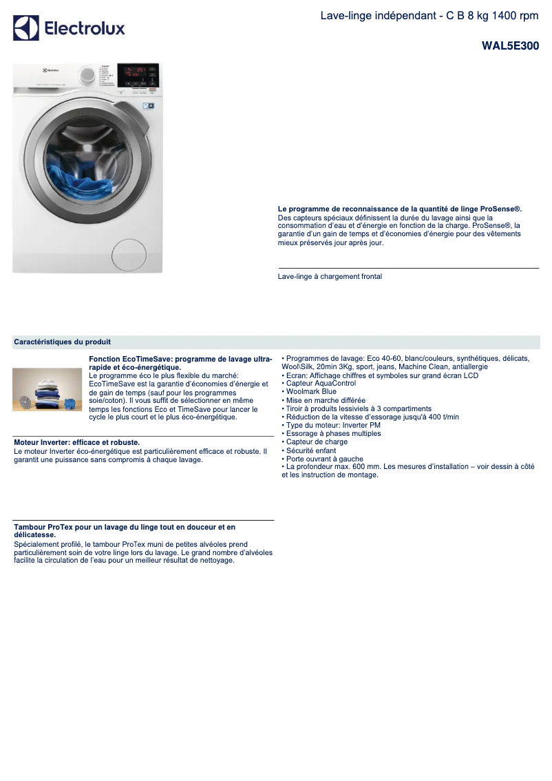 Page 1 de la notice Fiche technique Electrolux WAL5E300