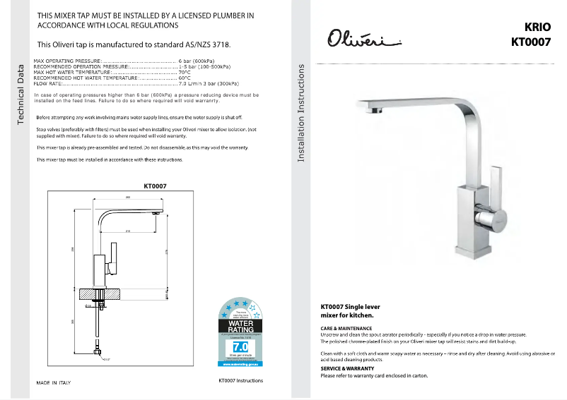 Page 1 de la notice Guide d'installation Oliveri KT0007