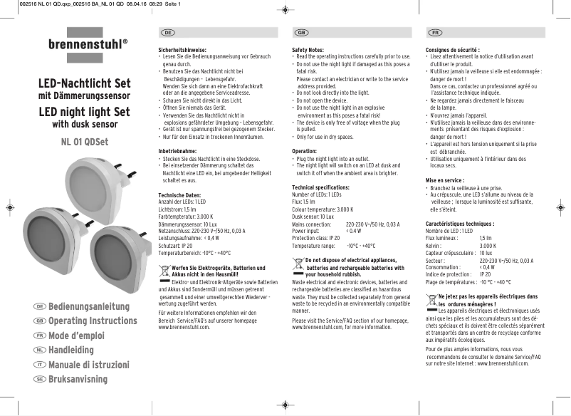 Page 1 de la notice Manuel utilisateur Brennenstuhl NL 01 QDSet