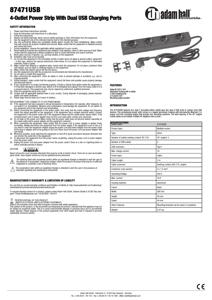 Page 1 de la notice Manuel utilisateur Adam Hall 87471USB