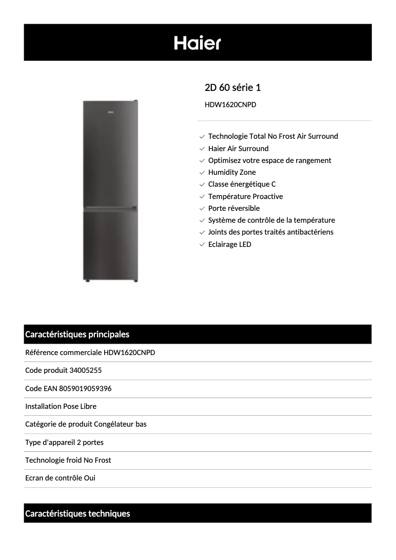 Page 1 de la notice Fiche technique Haier HDW1620CNPD