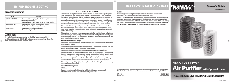 Page n°1 - Manuel utilisateur Holmes HAP412BNS