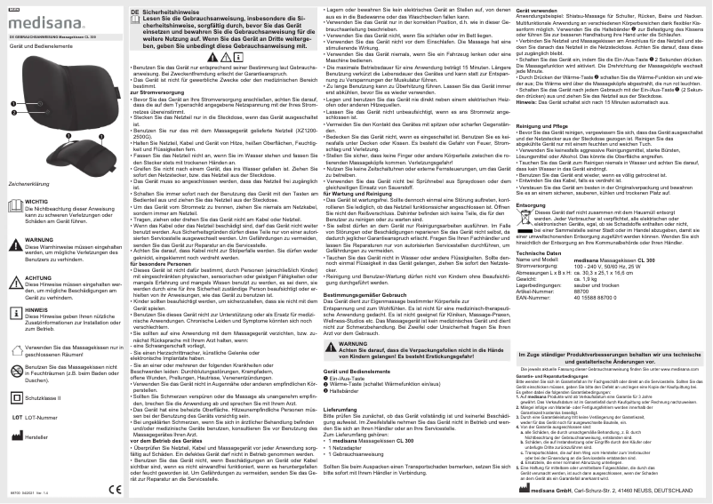 Page 1 de la notice Manuel utilisateur Medisana CL 300