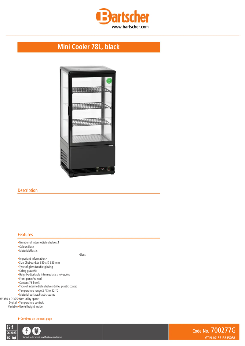 Page 1 de la notice Fiche technique Bartscher 700277G